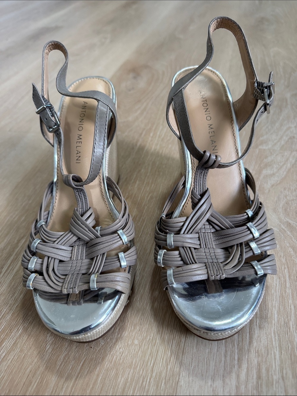 ANTONIO MELANI Taupe Braided Slingback Heels with Metallic Accents